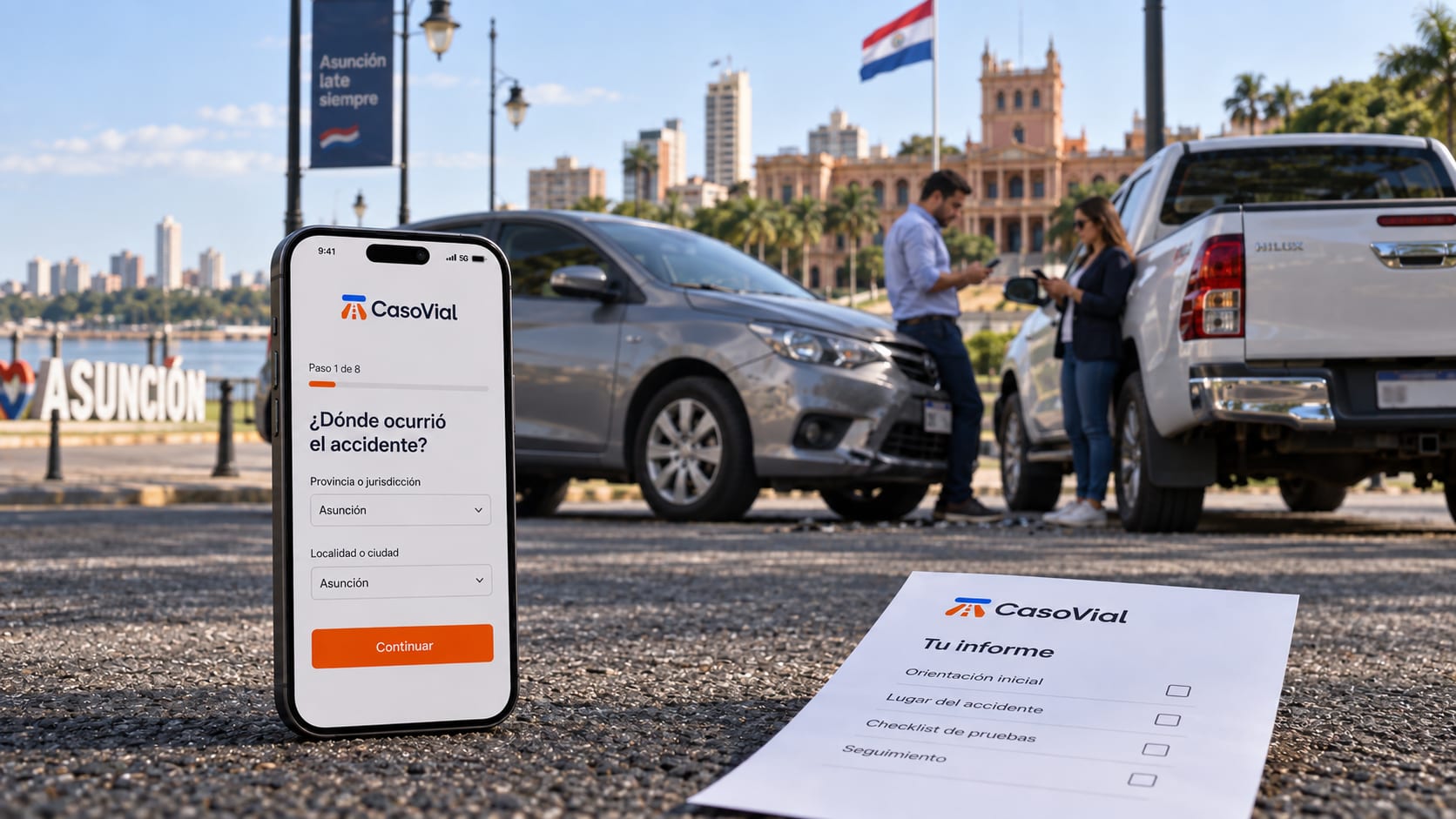 Escena ilustrativa de un accidente de tránsito en Asunción, con un teléfono y el informe de CasoVial